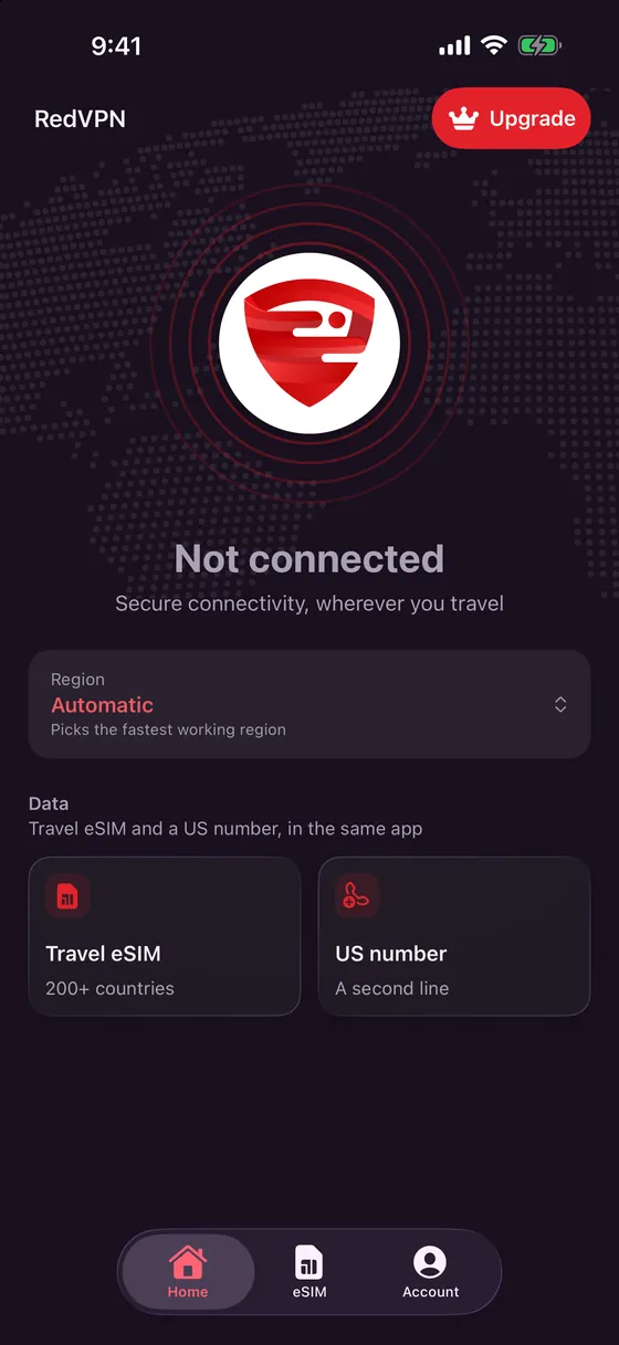 The RedVPN app's home screen