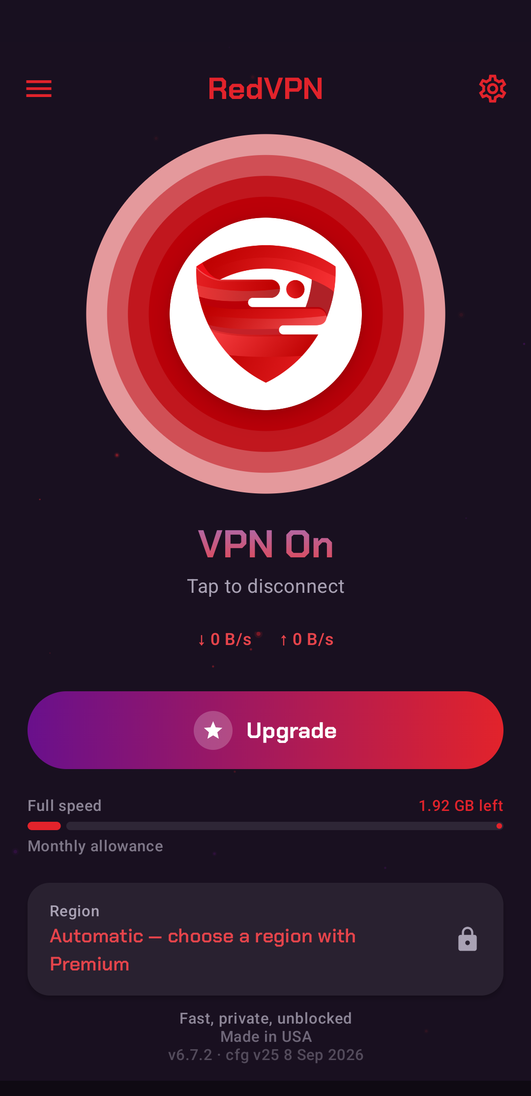 RedVPN connected, showing full speed and the remaining monthly allowance.