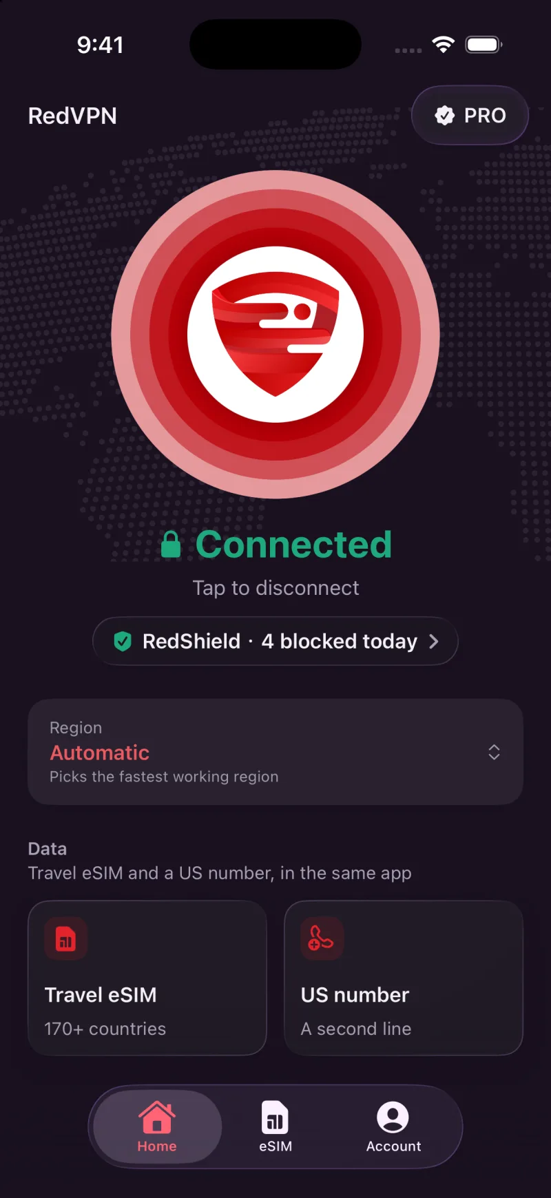 RedVPN home screen with the Protect Mode card showing blocked destinations today