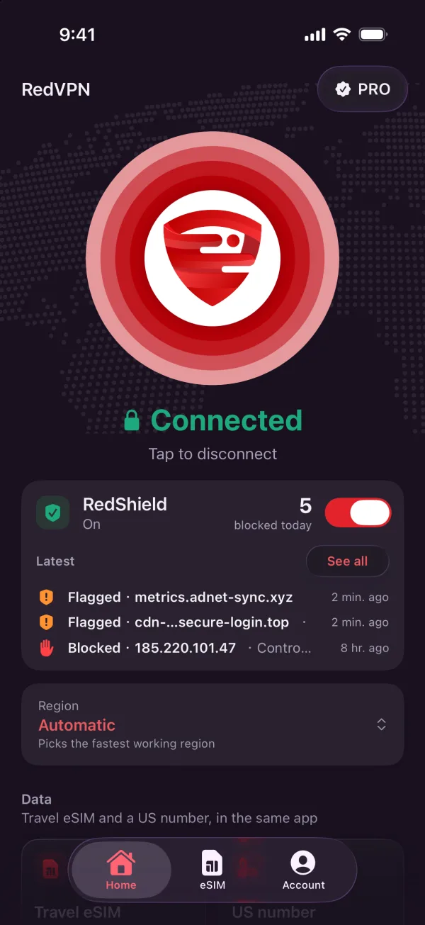 RedVPN home screen with the Protect Mode card showing blocked destinations today