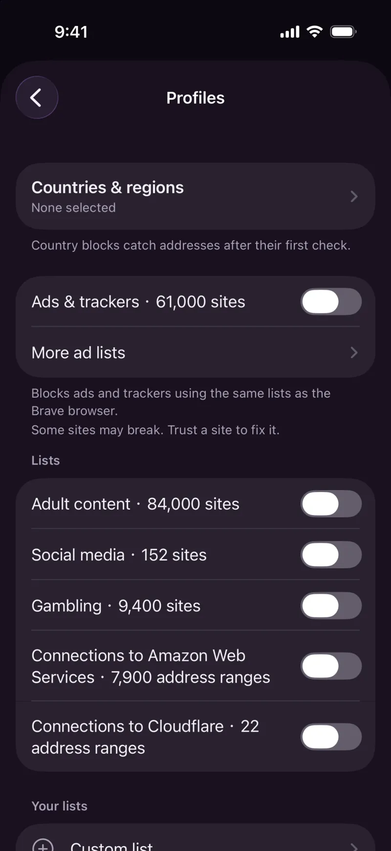 Protect Mode profiles: countries and regions, ads and trackers, adult, social, gambling and cloud provider lists